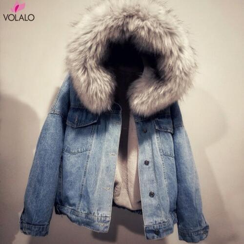 Jeans Jacket Women Winter Denim Short Coat Lady Warm Faux Fur Velvet Fluffy Hooded Outwear Casual Jean Trucker Overcoat
