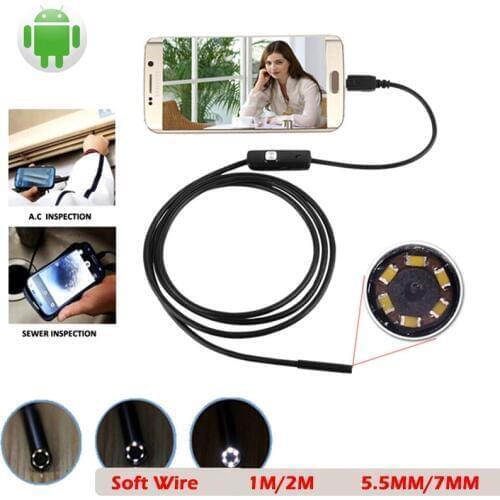 1pc 7mm/5.5mm 1M Endoscope Mirco USB 2m 6LED Endoscope Camera Android Waterproof Pipeline PCB PC Inspection Mini Camera