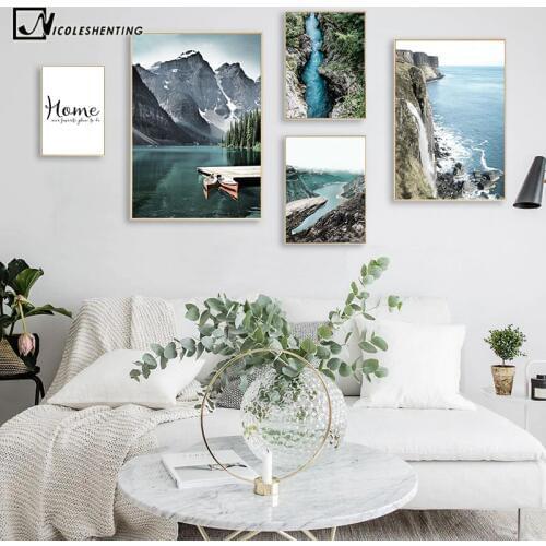 Mountain Lake Waterfall Picture Scandinavian Poster Nordic Style Print Nature Scenery Wall Art Canvas Painting Modern Room Decor