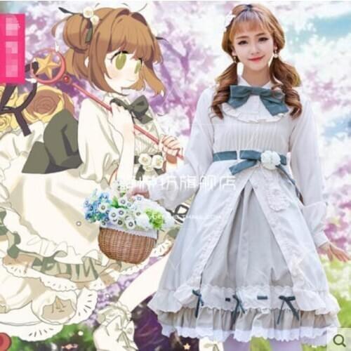 Hot Anime CardCaptor SAKURA COSPLAY KINOMOTO SAKURA COS Halloween Party Cosplay Lolita dress Sets