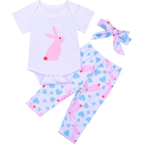 Infant Newborn Baby Girl Easter Printed 3Pcs Romper Set, Short Sleeve Rabbit Printed Bodysuit Hearts Long Pants and Headband