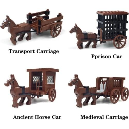 MOC Small Particle Building Blocks Ancient Carriage Transport Carriage Pprison Car Medieval Horse Cars Puzzle For Kids Toys