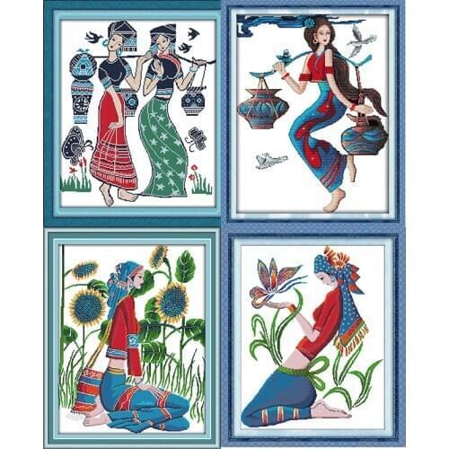 Cross Stitch Kit Minority Young Girls Printed 11ct 14ct Fabric Embroidery Home Decoration Cross Stitch Embroidery Needlework Set
