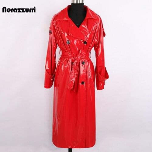 Nerazzurri Autumn Long Red Waterproof Reflective Patent Leather Trench Coat for Women Double Breasted Plus Size Fashion 5xl 6xl