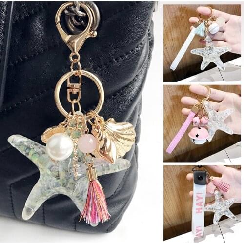 Latest Cartoon Sea World Starfish Keychain Women Girls Bag Trinket Pentagram Pearl Shell Keyring Fashion Lovers Jewelry Gift