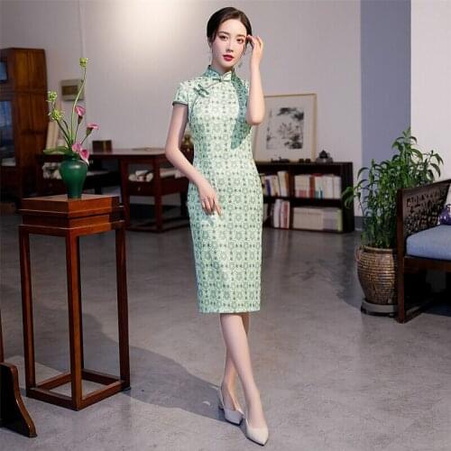 Summer New Women Light Green Print Qipao Chinese Short Sleeve Sexy High Split Cheongsam Plus Size M-4XL