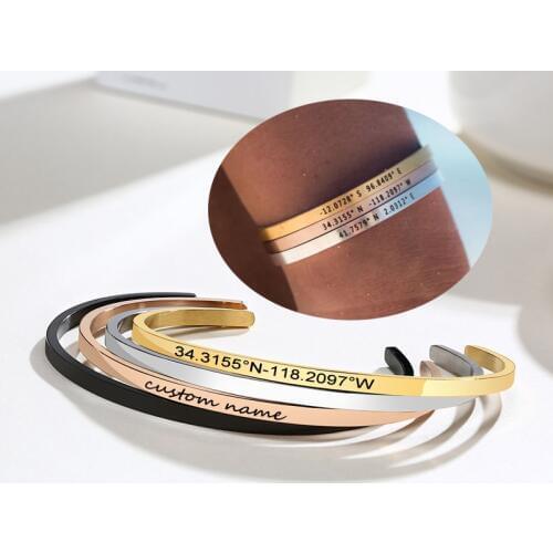 Personalized Cuff Bracelet 3mm Width Stainless Steel Engraved Inspirational Text Date Bangle For Wedding Mothers Day Gift