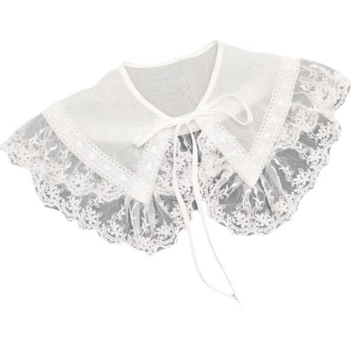 Pastoral Style Sheer Mesh False Collar Shawl for Women Girls Ruffles Embroidery Floral Lace Necklace Wrap Dickey Cape LX9E