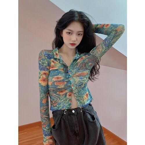 Saliency Printed Shirt Womens Autumn 2020 New Long-sleeved Shirt Bottoming Design Sense Niche with Tight Short Tops