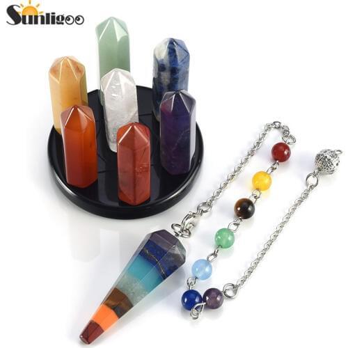 Sunligoo 7 Chakra Star Group Healing Crystal Quartz Hexagonal Point Array Statue Figurine&Chakra Dowsing Pendulum Healing Stone