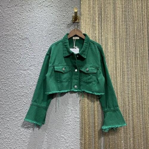 Vintage Green Frayed Burrs Short Denim Jacket Autumn 2021 Harajuku Lapel Long Sleeve Female Jeans Jacket Casual Jaqueta Feminina