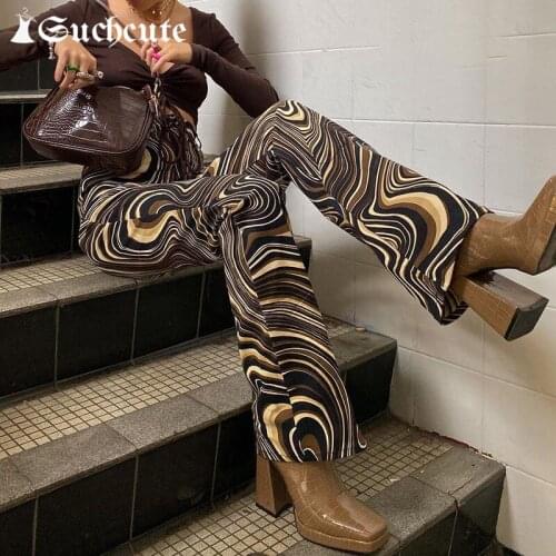 SUCHCUTE Brown Tie Dye Printed High Waist Streetwear Pants Vintage 2021 Y2K Fashion Outfits Club Bottoms Wide Legs Trousers