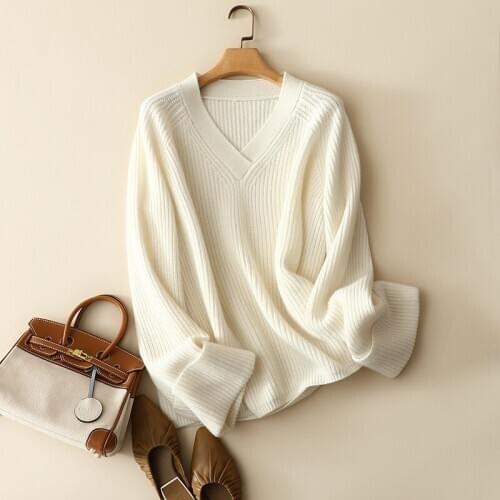 Ribbed knitted cashmere wool v neck sweater women fashion winter thick pullovers ladies knitwear europe stylish jumper tops