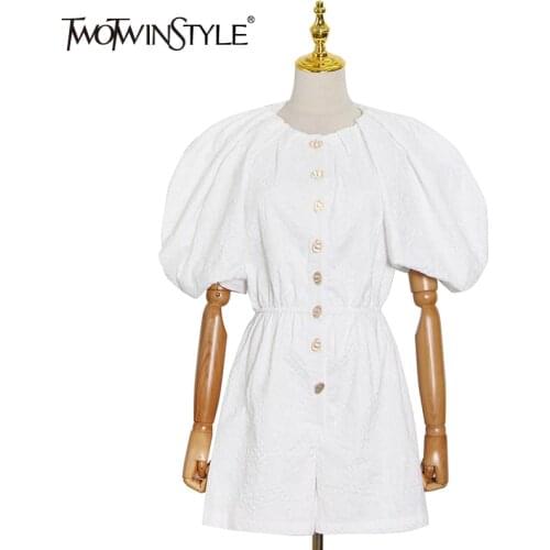 TWOTWINSTYLE Casual Patchwork Playsuits For Women O Neck Puff Short Sleeve High Waist Solid Playsuit Female 2021 Fashion Clothes