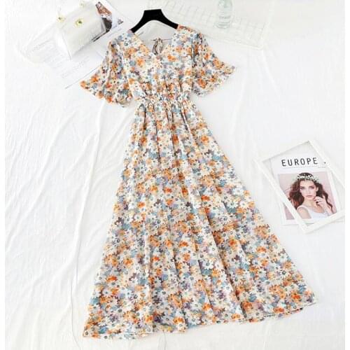 Summer Lotus sleeve Floral Long Dress Women Elegant Ruffle V Neck Print Chiffon Party Dresses Female A Line Office Vestidos