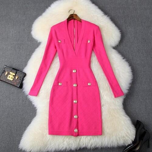 Womens European and American autumn winter 2021 new style Long-sleeved v-neck Beautiful buttons Slim fashion knit dress