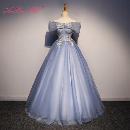 AXJFU blue lace flower evening dress vintage stage princess big boat neck beading embroidery flower crystal evening dress