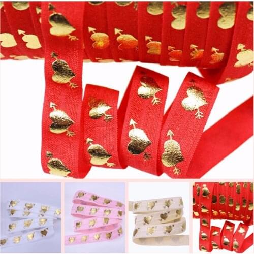 4 colors Valentine 5/8" gold foil an arrow through a heart Foe fold over elastic for accessaries for Saint Valentines Day