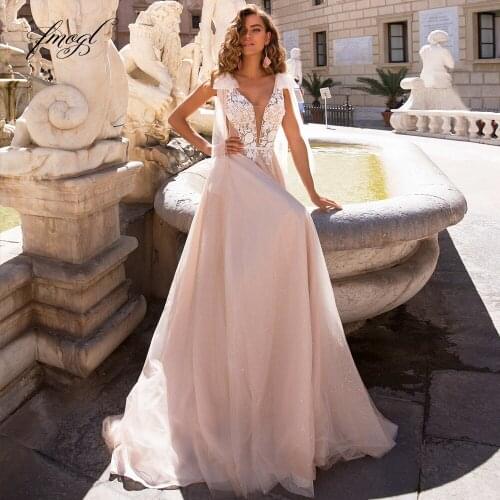 Fmogl Sexy Backless V Neck Lace Vintage Wedding Dresses 2021 Luxury Appliques Ribbons Court Train A Line Bride Gown Plus Size