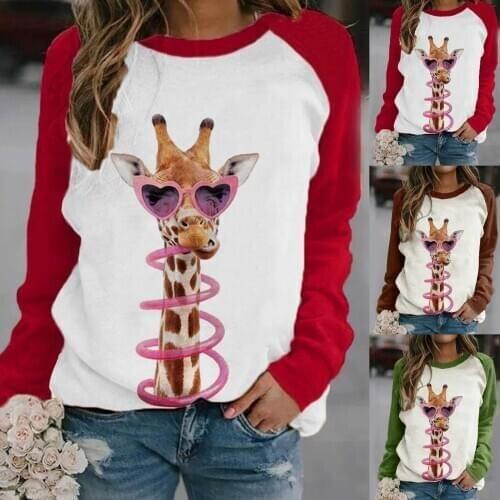 Fashion Womens Print O Neck T-shirt Long Sleeve Casual Blouse Top 2020 Unique Giraffe Print Ladies Top F Woman Tshirts In Stock