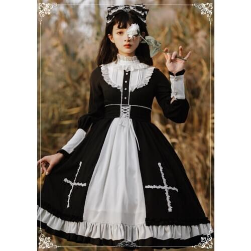 Gothic vintage sweet lolita dress falbala stand lantern sleeve high waist victorian dress kawaii girl gothic lolita op loli cos