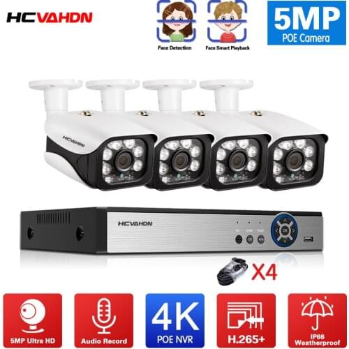 HCVAHDN 5MP Audio Face Human Detection Camera H.265 4CH 4K POE NVR 5.0MP POE Smart Camera System Outdoor Waterproof Video Set