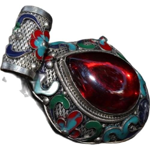 China Old Tibetan Silver Inlaid Zircon Cloisonne Pendant