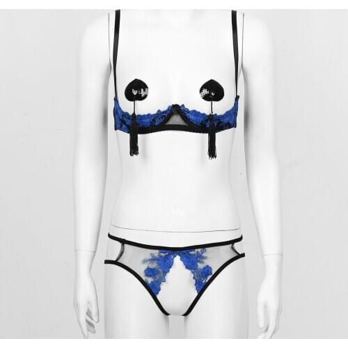 Womens Embroidery Lace Lingerie Set Heart Shaped Tassel Pasties Nipples Bare Breast Underwired Bra Tops with Crotchless Briefs