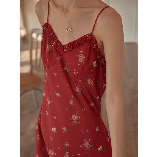 Red Floral Suspender Dress French Tea Break Skirt Summer Beach Resort Skirt