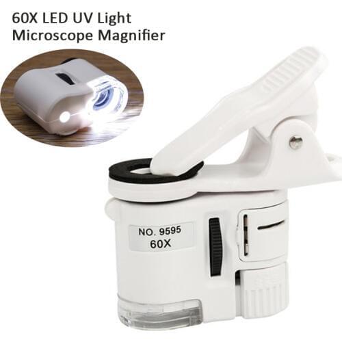 Mini Clip Magnifying Glass 60X LED UV Light Phone Clip-type Cellphone Microscope illuminated Magnifier magnifying glasses