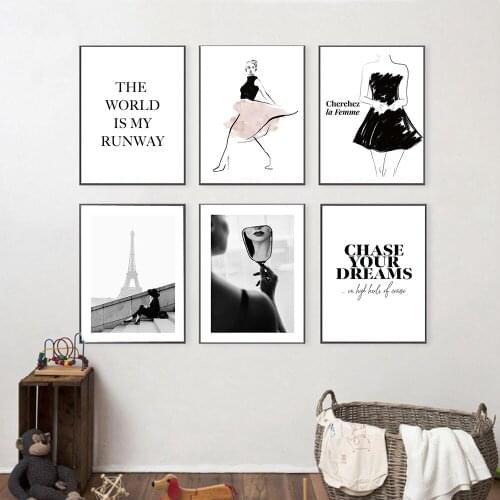 Fashion Poster Prints Chase Your Dream Quote Wall Art Canvas Painting Black White Tower Wall Pictures for Living Room Decor