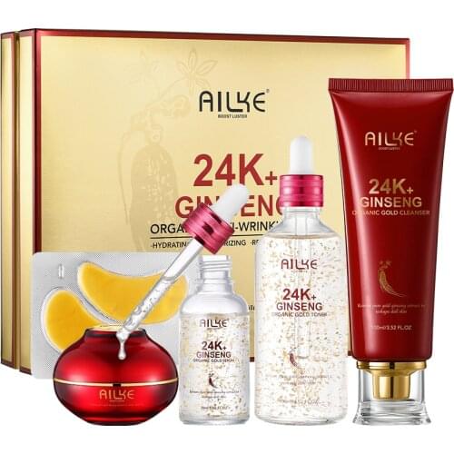 AILKE 24K organic golden ginseng skin care set, moisturizing, whitening brightening anti-aging Korean women facial products