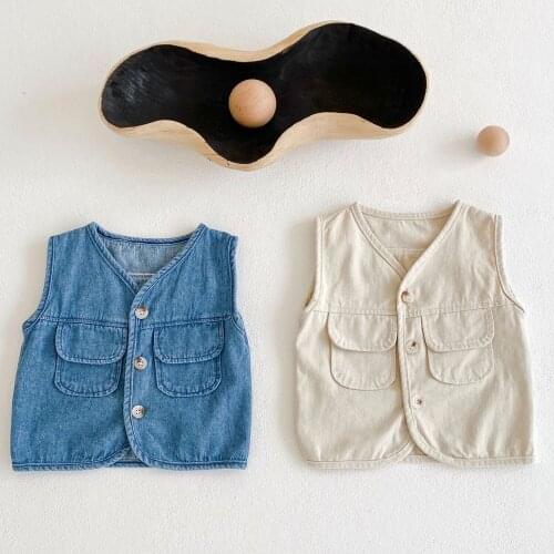 2021 Korean Style Autumn All-match Baby Kids Denim Vests Pockets Unisex Toddlers Children Sleeveless Coats Casual Coats