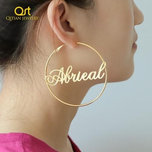 Personalized Name Hoop Earrings, Custom Love font Name Plate Earrings Charm Stainless steel Jewelry Hoop Earrings For Women Gift