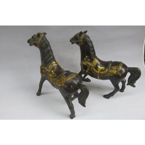 Rare Qing Dynasty (KangXi1661-1722) Gilt bronze Horse Statue/ Sculpture,A pair ,free shipping