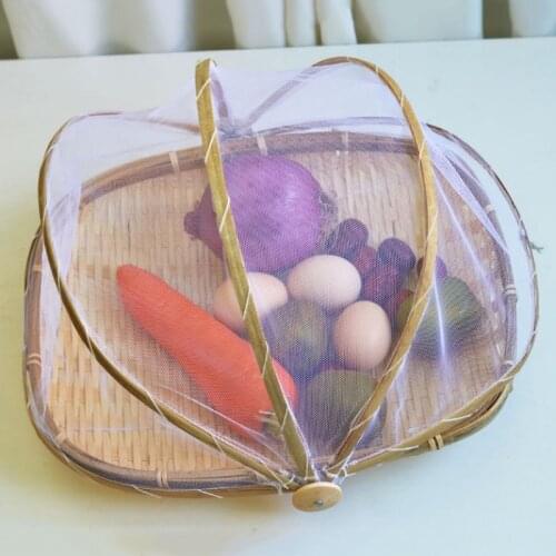 Hand-Woven Rectangular Bamboo Food Serving Tent Storage Basket Tray Mesh Storage Container With Gauze Cover Panier De Rangement
