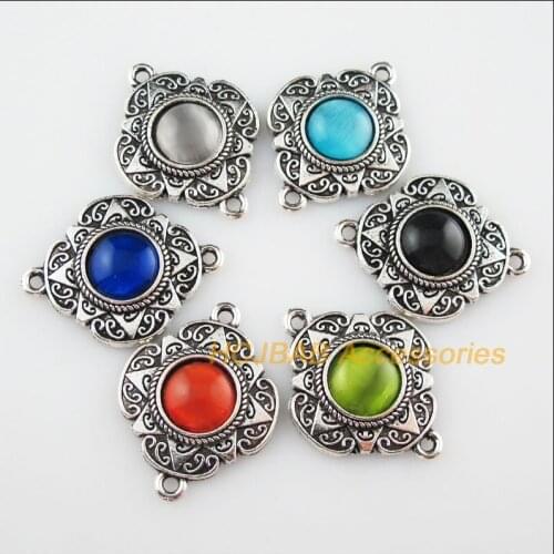 6 Flower CatEye Stone Connectors Mixed Charms Tibetan Silver Pendants 23.5x30mm