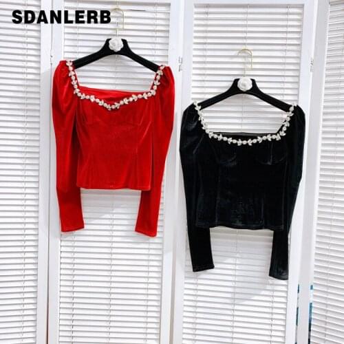 2021 Autumn Retro Style Blouse Fashionable Beaded Pad Chest Velour Top Jumper Long Sleeves Bottoming Shirt T-shirt for Women