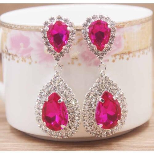 Newest fushia rhinestone Dangle Earring lady gold green/clear/yellow/red/royal blue colorful stone luxury crystal earring