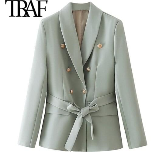 ZHENBAILI Office Lady Green Casual Blazer Autumn Spring Long Sleeve Metal Double Breasted Slim Women Suit Jacket with Sashes