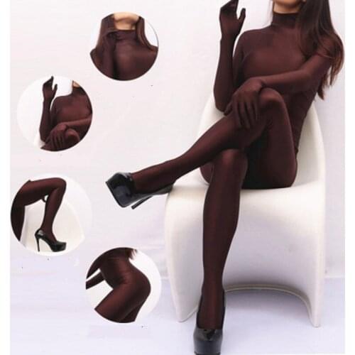 Womens Zentai Zipper Open U Crotch Jumpsuit Bodystocking Full-Length Tights Stand Collar Full Body Onesie Silk Spandex Coveralls