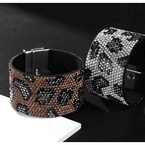 Elegant wrap charm leopard print pu leather bracelets & bangles for women vintage boho rhinestone female bracelets accessories