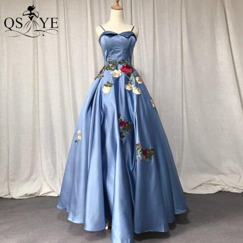 Blue Satin Prom Dresses Puffy Ball Gown Evening Dress Lapel Neck Embroidery Lace Flowers Shoulder Straps Prom Party Gown Lace up