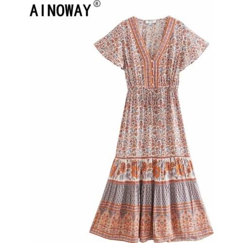 Vintage chic women floral print bat sleeve beach Bohemian maxi dresses Ladies V neck Tassel Summer rayon Boho dress vestidos