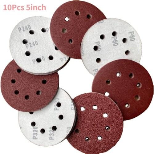 10Pcs 5inch 8 Hole Flocking Sandpaper Red Sand Alumina 125mm Air-grinding Polishing Sandpaper Set for Furniture Wood Metal