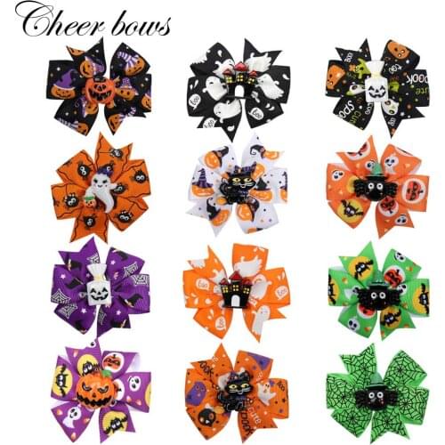 2Pcs/lot 3" Halloween Hair Clip for Girls Pumpkin Printed Ribbon Pinwheel Hair Bows Children Party Hairgrip Hair Accessories