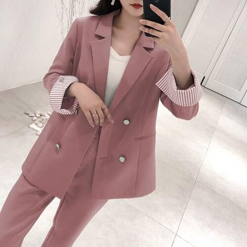 2021 Women 2 Two Piece Sets Short Gray Blue Pink Blazer + High Waist Pant Office Lady Notched Jacket Pant Suits Oversized Femme