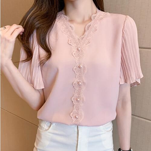 Women Blouse And Tops 2021 Summer Fashion Ladies Tops Chiffon Short Shirts V Neck White Elegant Blouse Shirts Shirts 3854 50