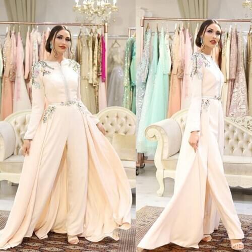 Arabic Prom Dress Jumpsuit With Detachable Train Jewel Neck Appliqued Long Sleeve Evening Dress Elegant Formal Gowns Party Wear