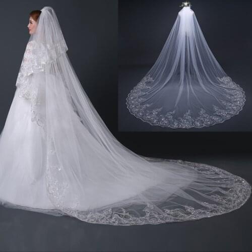 New 4M White Ivory Cathedral Wedding Veils Long Lace Edge Bridal Veil With Comb Wedding Accessories Bride Mantilla Hot Veil